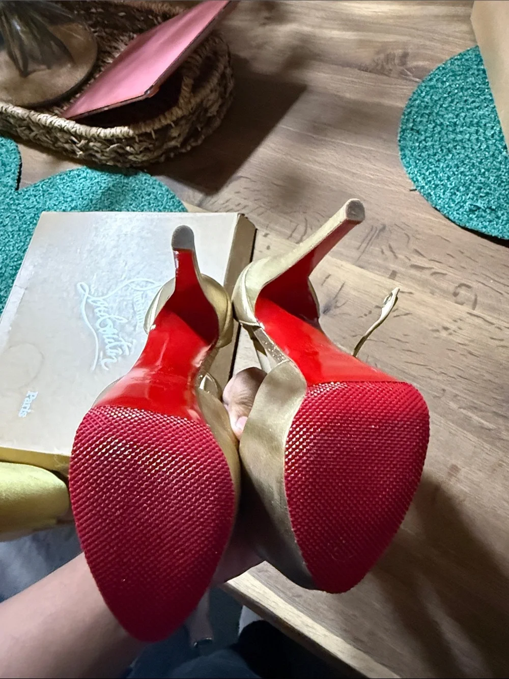 Christian Louboutin Gold Peep-Toe T-Strap Heels with Signature Red Soles